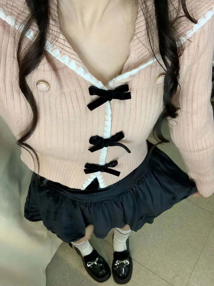 Женский вязаный свитер в стиле преппи с розовым бантом милый облегающий топ