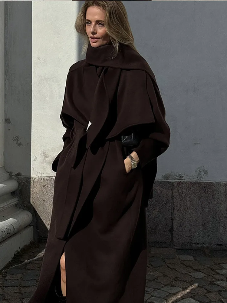 Винтажное длинное пальто на шнуровке шарф женское повседневное однотонное макси