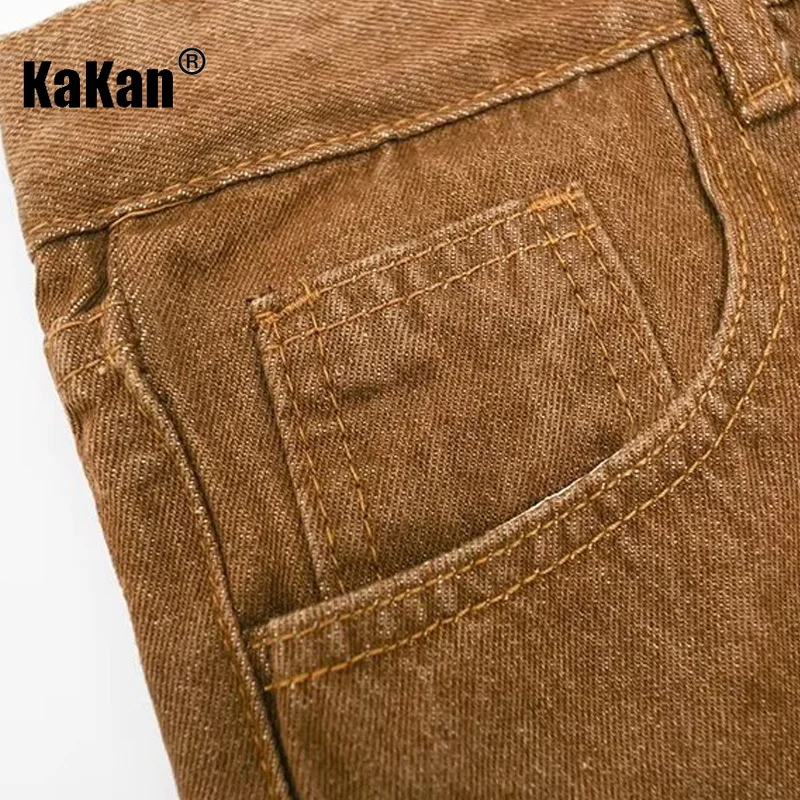 Kakan - New Style Buttoned Retro Jeans for Men Zippered Split Micro Flared Pants, Brown Coffee Color High Street Jeans33-l152216