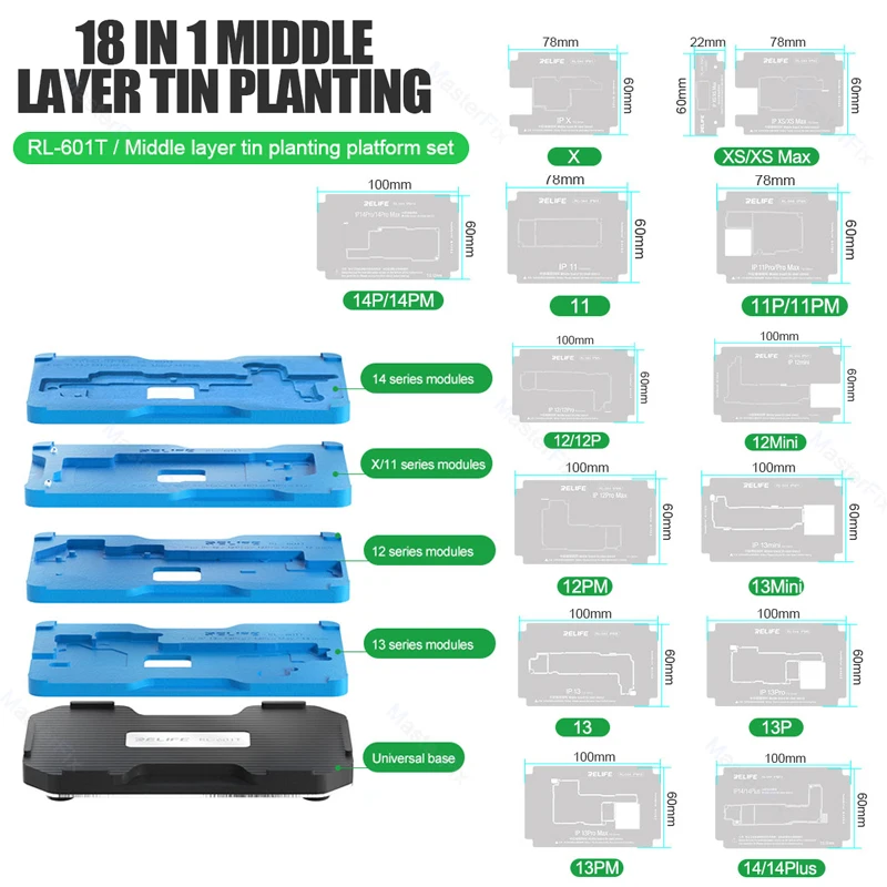 

RELIFE RL-601T 18 IN 1 Mid-Tier Motherboard Repair Fixture Set for iPhone X-14 Pro Max Reballing Stencil Tin Planting Table Tool