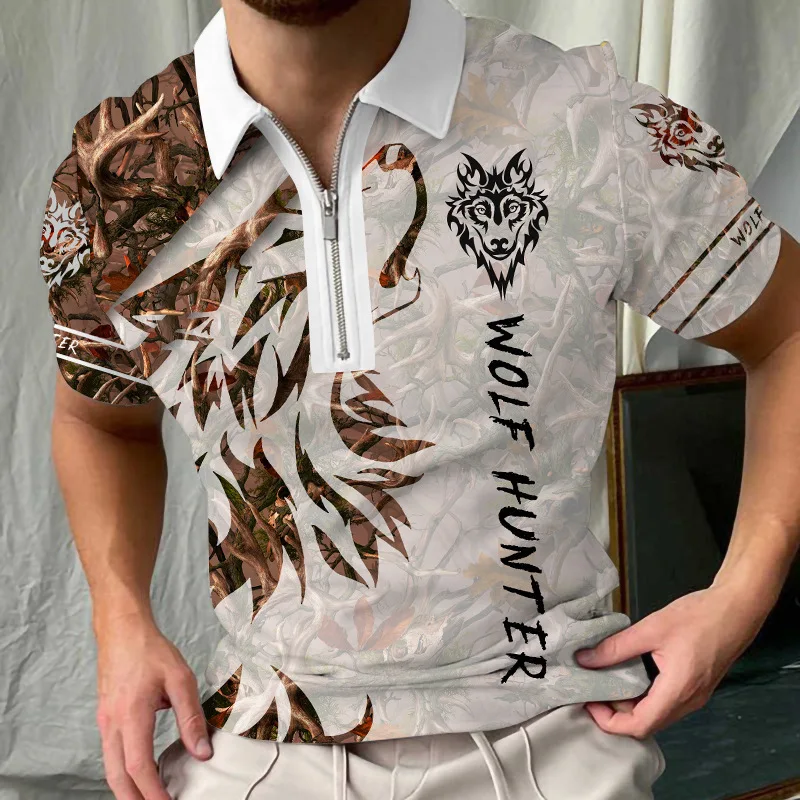 Fashion zipper polo shirt 3D digital printing loose short-sleeved European size quick-drying collar T-shirt lone wolf men's top