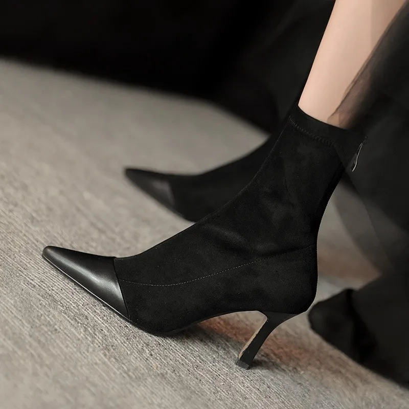 Retro Stretch Socks Boots Women Autumn/Winter New Fashion Pointed Toe Zipper Single Boots Stitching High Heels Women Shoes
