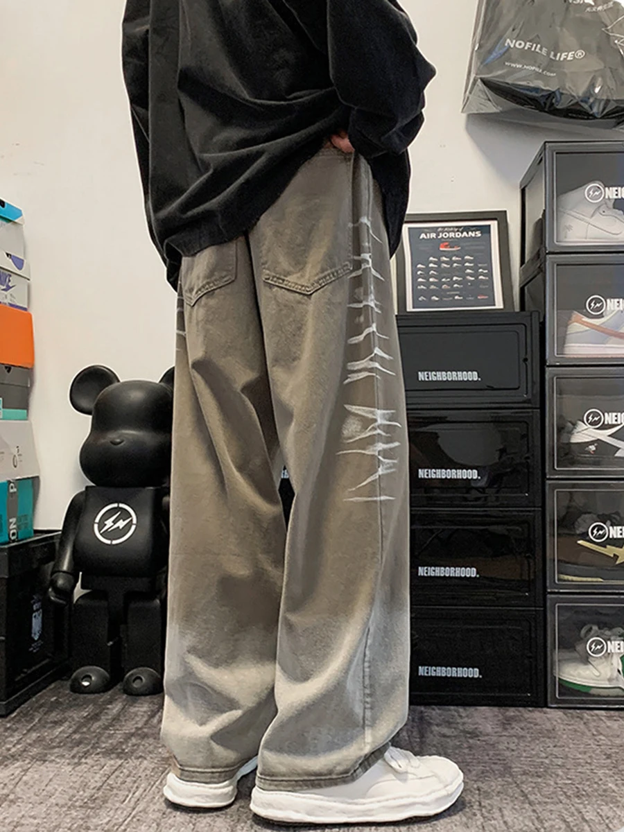 European and American Men's New Gradient Jeans Men's Trend American Loose Straight Paint Wide Leg Pants Streetwear Men Clothing