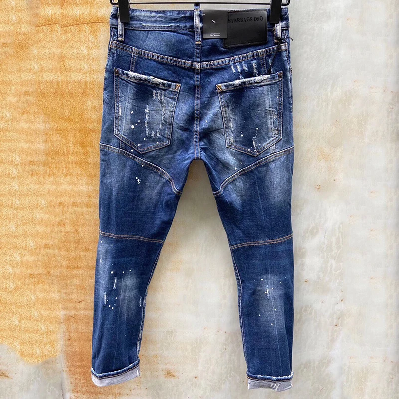 2023 New Starbags DSQ Trendy Men's Wash, worn patches, paint, hand stitches, small feet, dark blue jeans for men