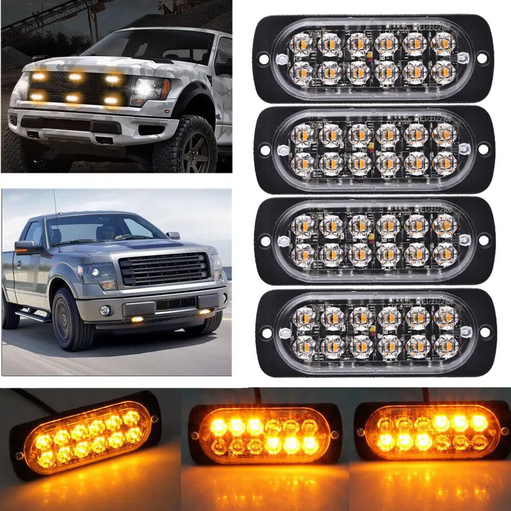 

4x Amber 12 LED 36W Strobe Work Light Bar Hazard Beacon Flash Warning Emergency