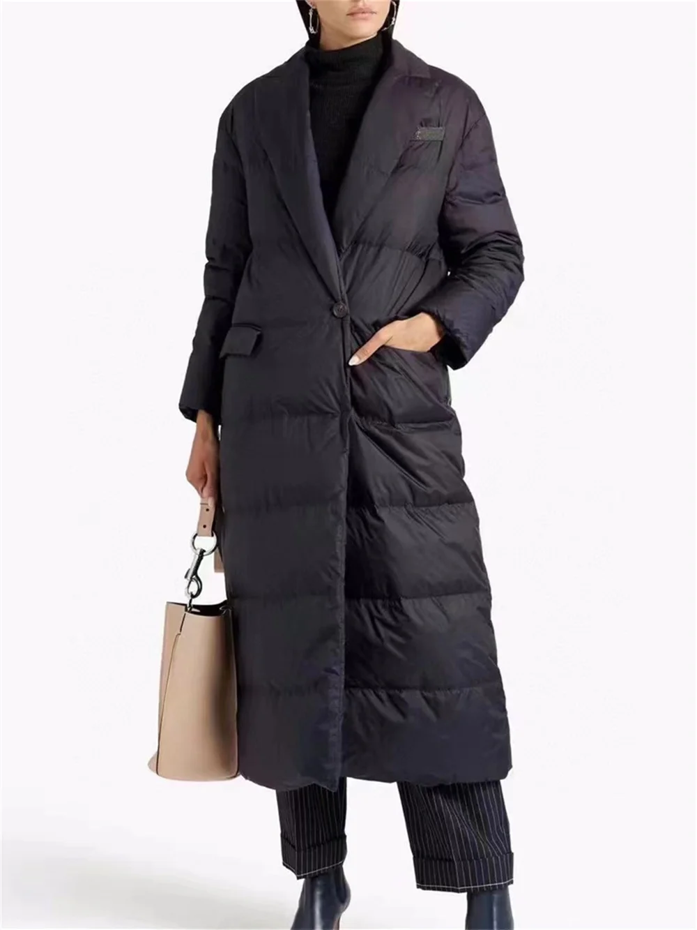 

Осенне-зимнее женское пуховое пальто средней длины с бусинами и цепочками, однотонное свободное простое женское теплое пальто на шнуровке, новинка 2023