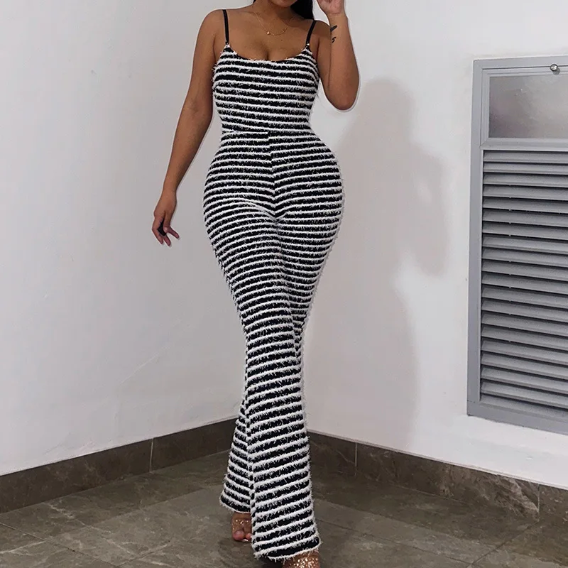 SIYU Backless Sexy Striped One Piece Flared Trousers 2023 Fashion Spaghetti Strap Jumpsuit for Women Party Clubwear Outfits