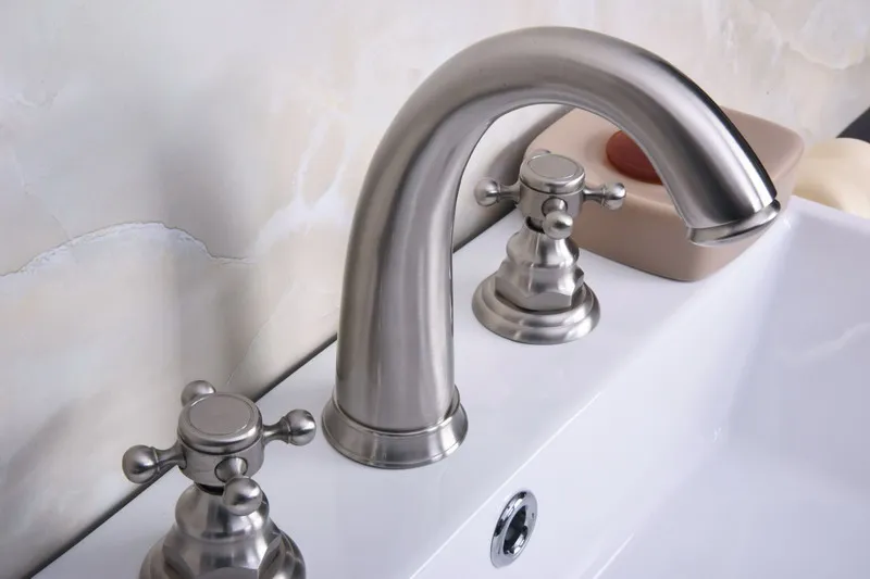 2 Handles Cross Knob Widespread Three Holes 3 Piece Bathroom Faucet Deck Mount Vanity Mixer Sink Tap Tbn014