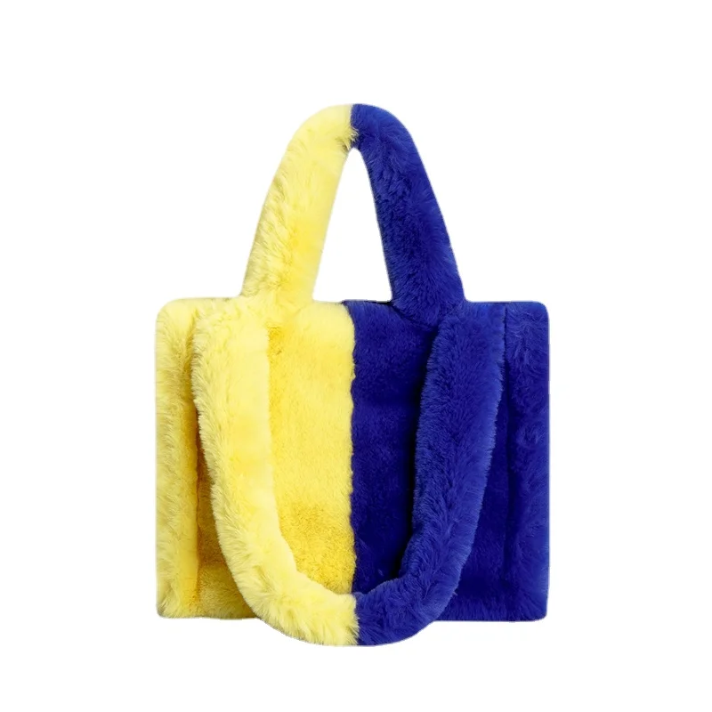 2022 New Plush Bag Women's European and American Simple Contrast Color Handbag Candy Color Tote Bag Fashion Trend Shoulder Bag