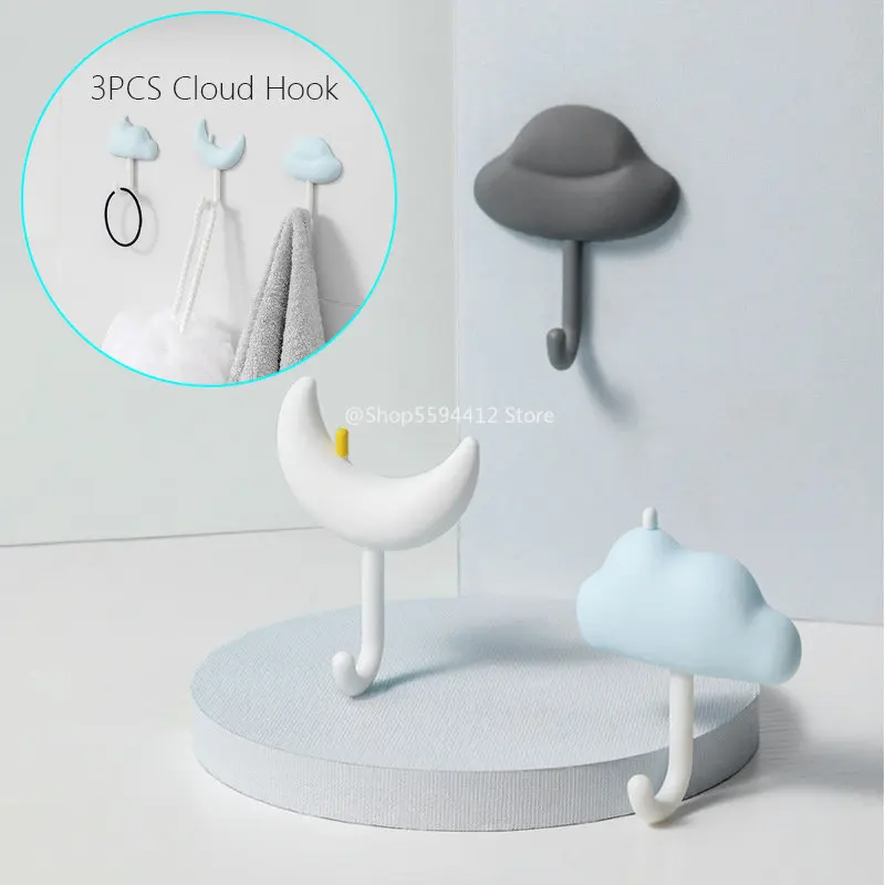 

3PCS Decorative Hooks Self-adhesive Star Cloud Moon Design Wall Hook Multi-purpose Strong Sticky Key Hooks Socket Storage Holder