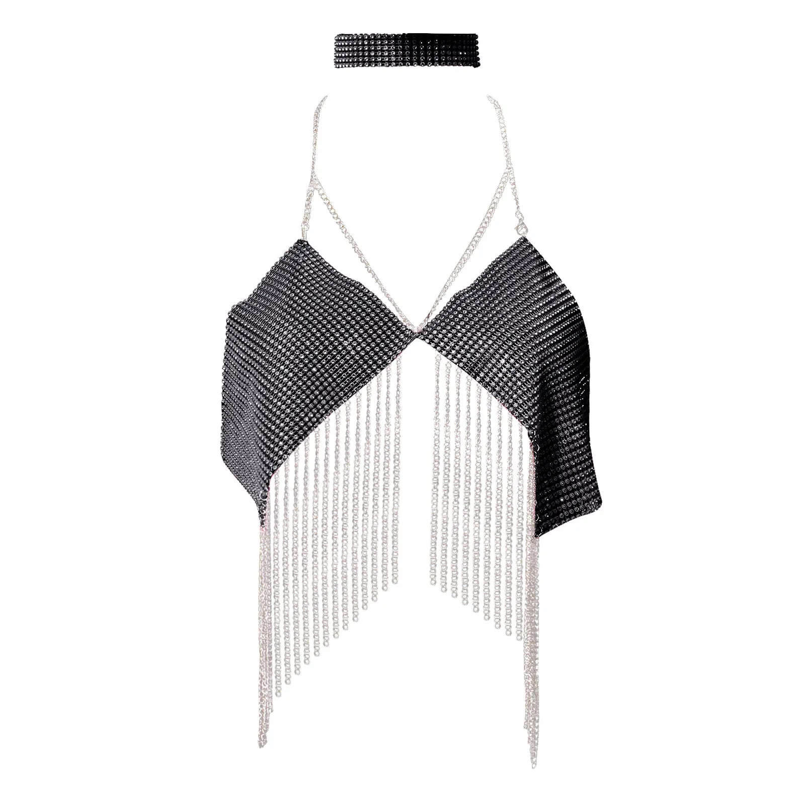 

Women Chain Sexy Beading Tassel Sleeveless Backless Halter Crop Top Club Vintage Tank Tops Basics Top