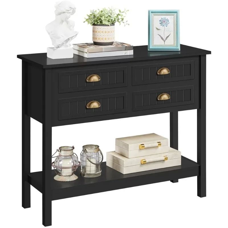 

SMILE MART 4-Drawer Wooden Console Table with an Open Shelf for Entryway, Black