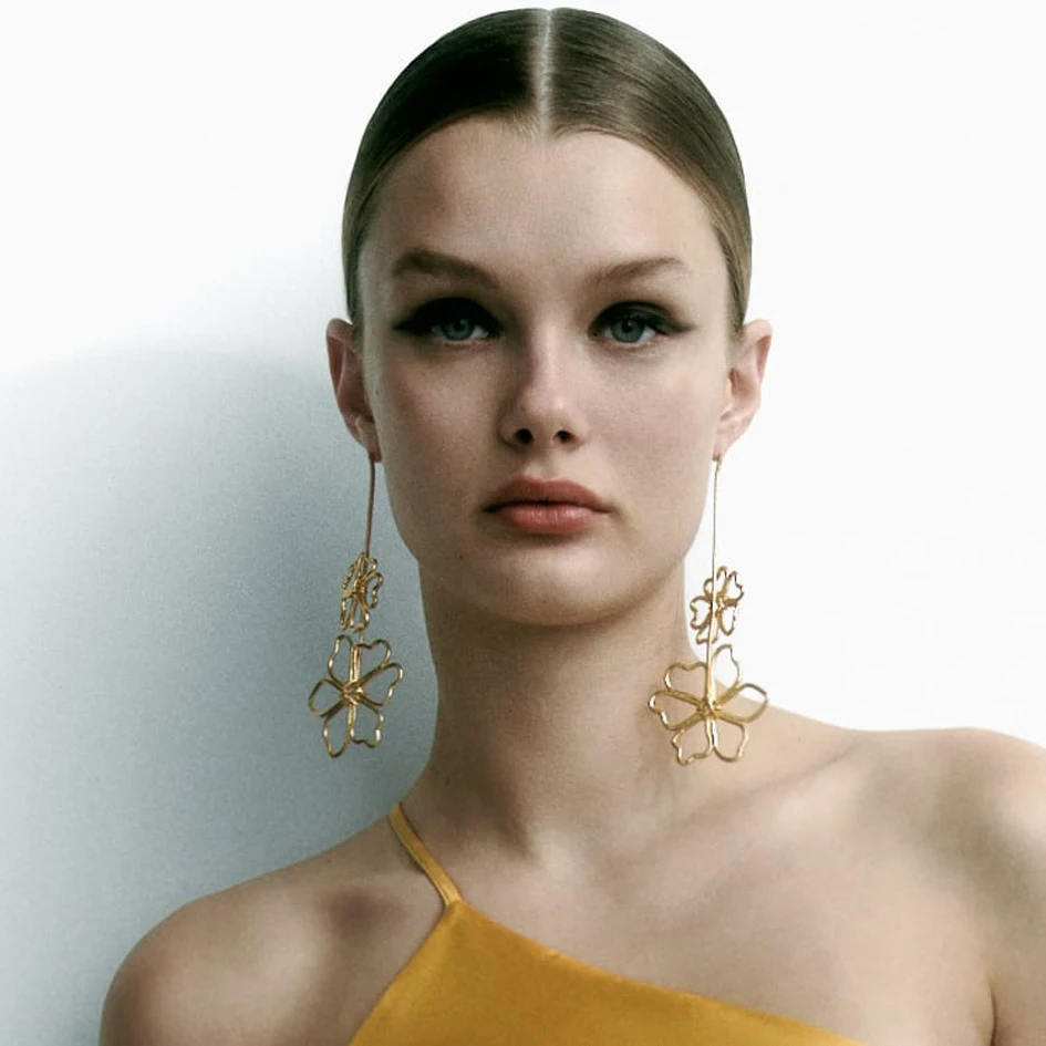 

2022 Newly Za Flower Shaped Metal Drop Earrings for Women Punk Gold Floral Pendant Dangle Earring Wedding Statement Ear Jewelry