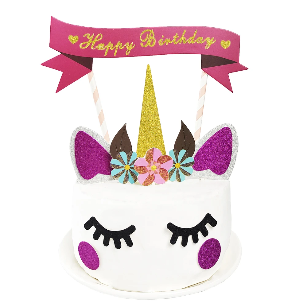 

Unicorn Cake Topper Pink Blue Unicorn Birthday Cake Decor Happy Birthday Cake with Flag for Kid Baby Shower Party Supplies