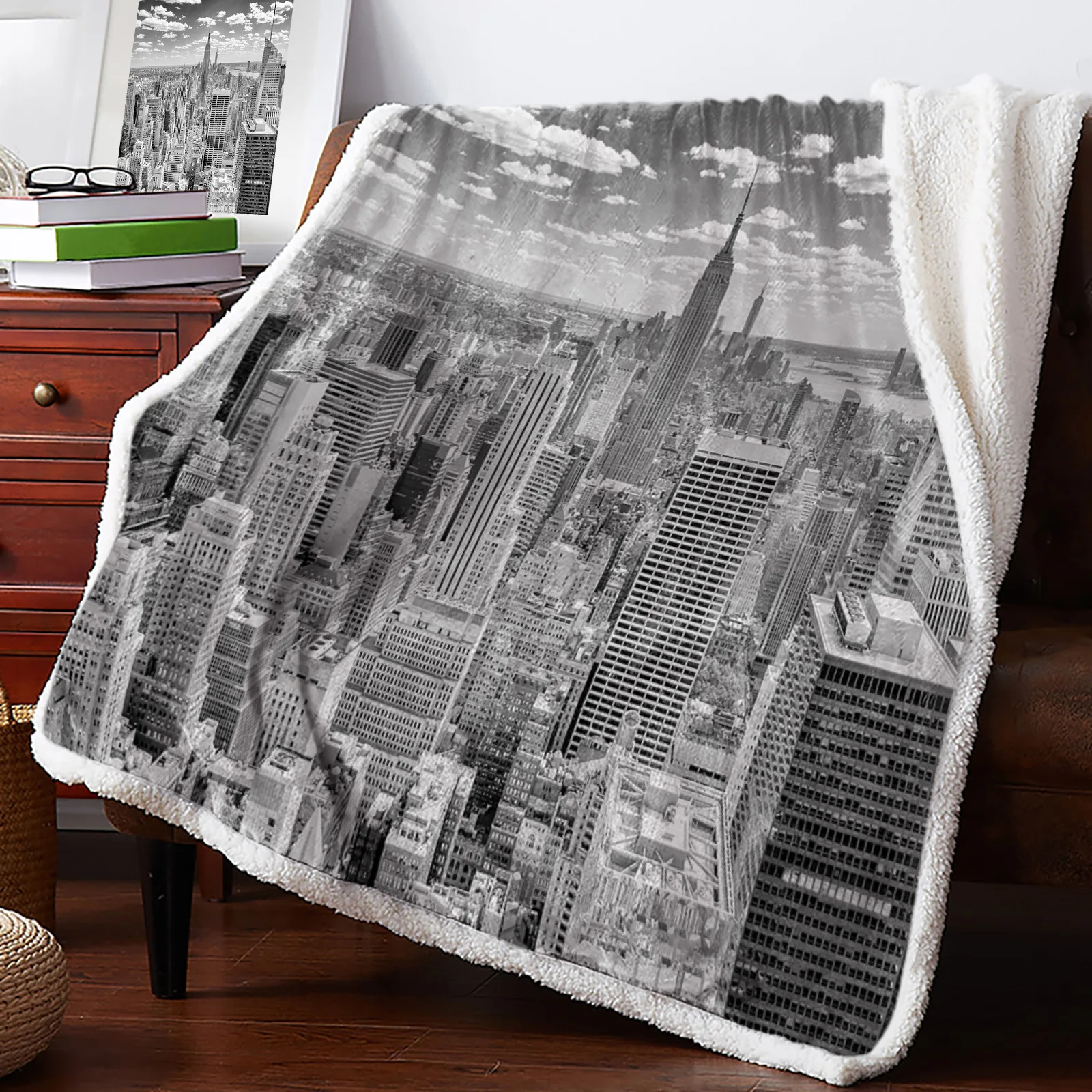 

Grey New York City Landscape Sherpa Blanket Double Thick Velvet Flannel Bedspreads Office Nap Throw Blanket Sofa Cover Bedding