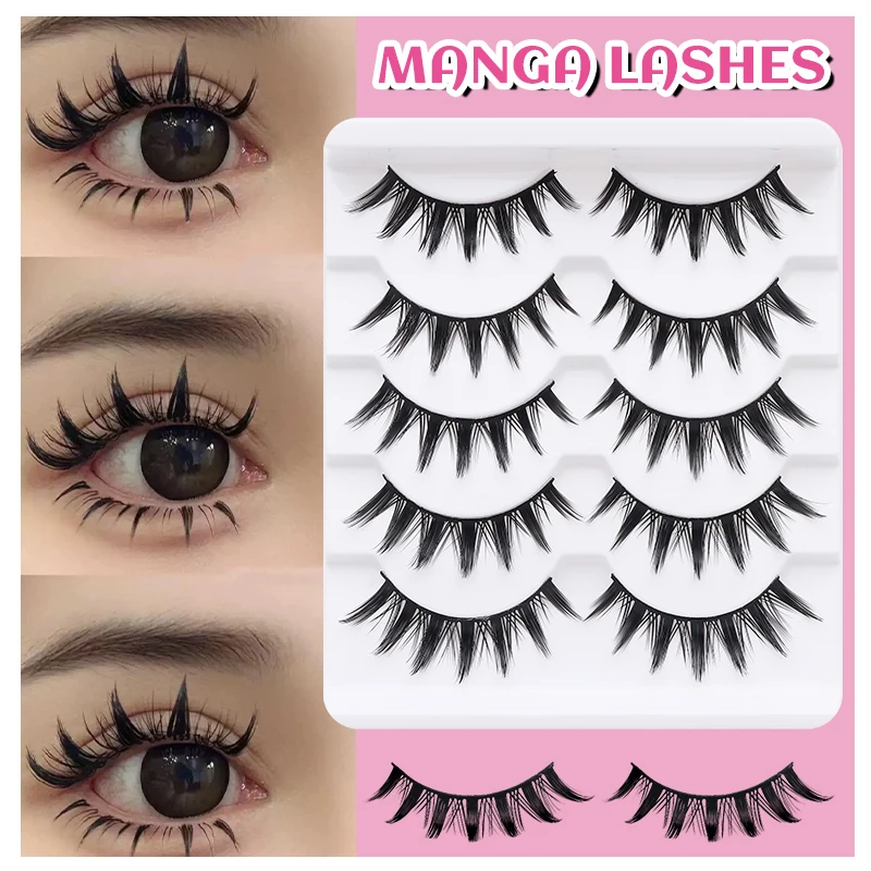 DINGSEN 5 Pairs Manga Lashes Cosplay Fake Eyelashes Strip Lash Soft Natural Look Fox Eye Korean Manh