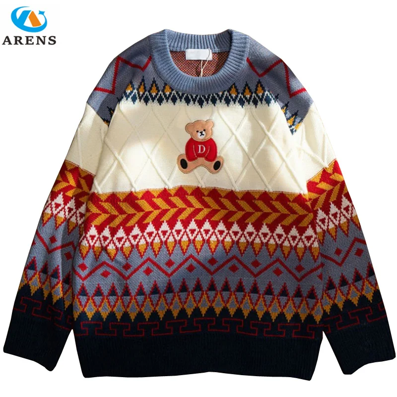 

ARENS Winter Bear Sweater Casual Cartoon Patchwork Pullover Lazy Harajuku Sweater Knit Streetwear Oversized Pullover Unisex