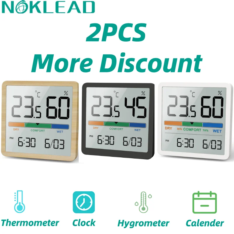 NOKLEAD 2PC Indoor LCD Digital Thermometer Hygrometer Temperature Humidity Meter Sensor Gauge Weather Station Smart Home Clock