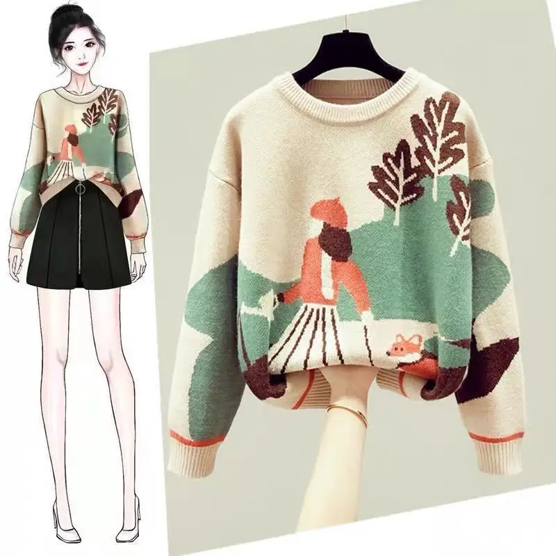 

Vintage Women's Sweater 2023 Spring Autumn O-neck Printing Knitted Sweater Female Fashion Casual Loose Long Sleeve Pullover Top
