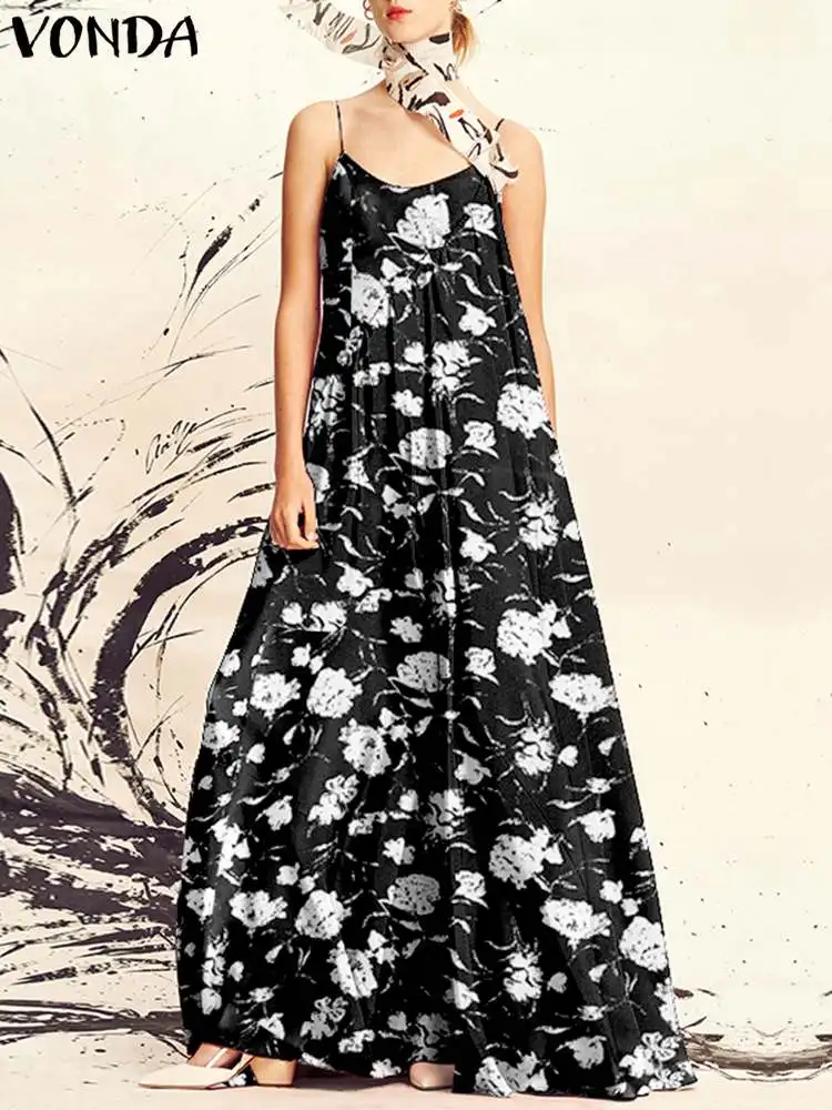 

Women Summer Sleeveless Party Tank Dress 2023 Bohemian Floral Printed Long Sundress VONDA Sexy Vestidos Robe Femme Oversized