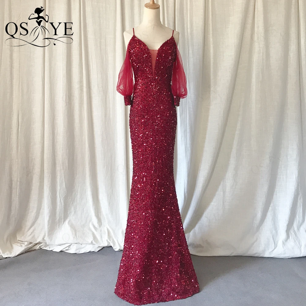 

QSYYE 2022 Puffy Sleeves Burgundy Evening Dresses Mermaid Sequin Prom Gown Spaghetti Straps Sexy V Neck Formal Women Dresses