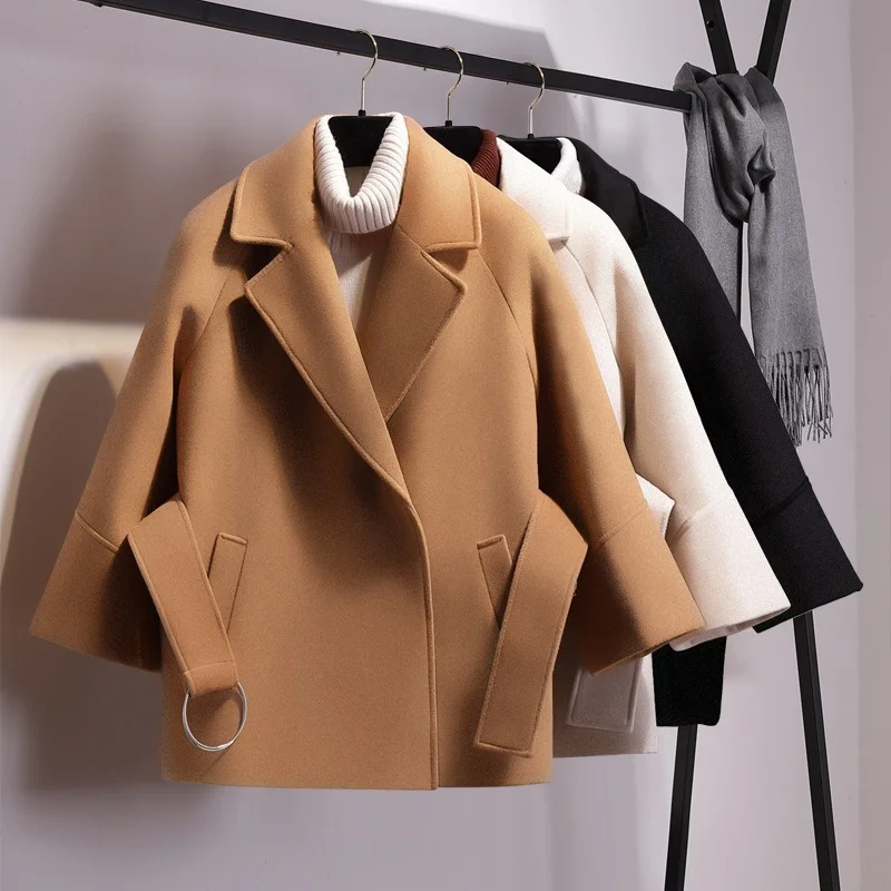 

Spring Autumn Winter Women Short Woolen Coat Belt Jacket Female Raglan Sleeves Cloak Jackets Elegant Single Button Black Camel