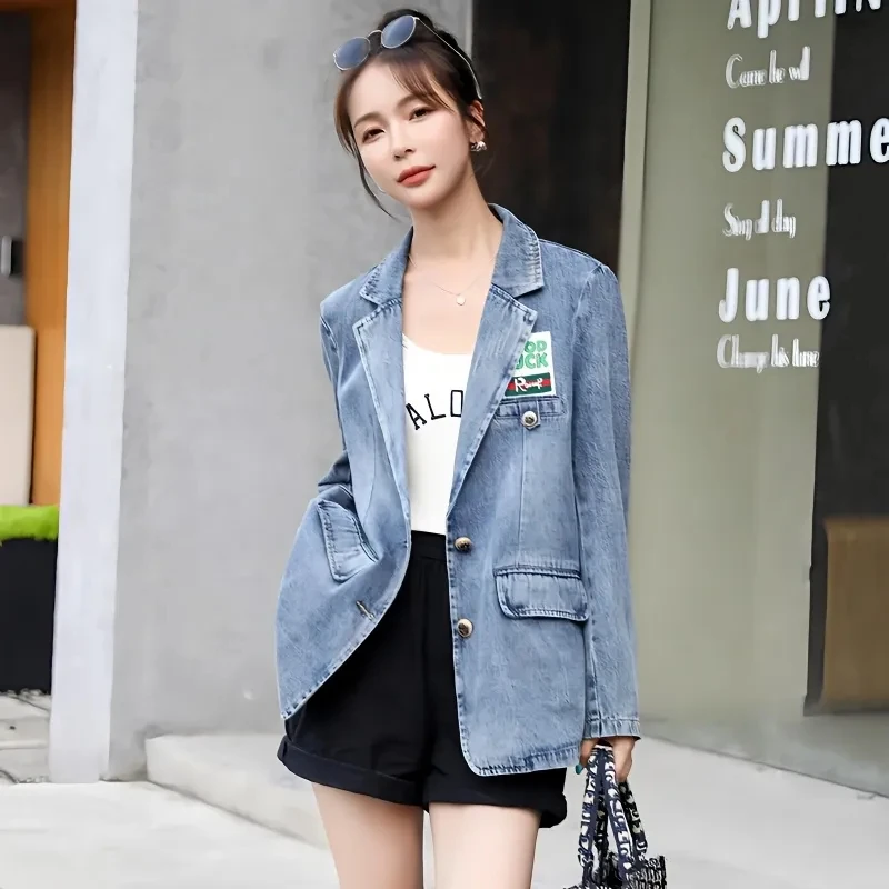 

Vintage Hong Kong Style Denim Jeans 2023 New Spring Autumn Women Fashion Denim Blazer Suit Coat Korean Slim Blazers Outwear Blue
