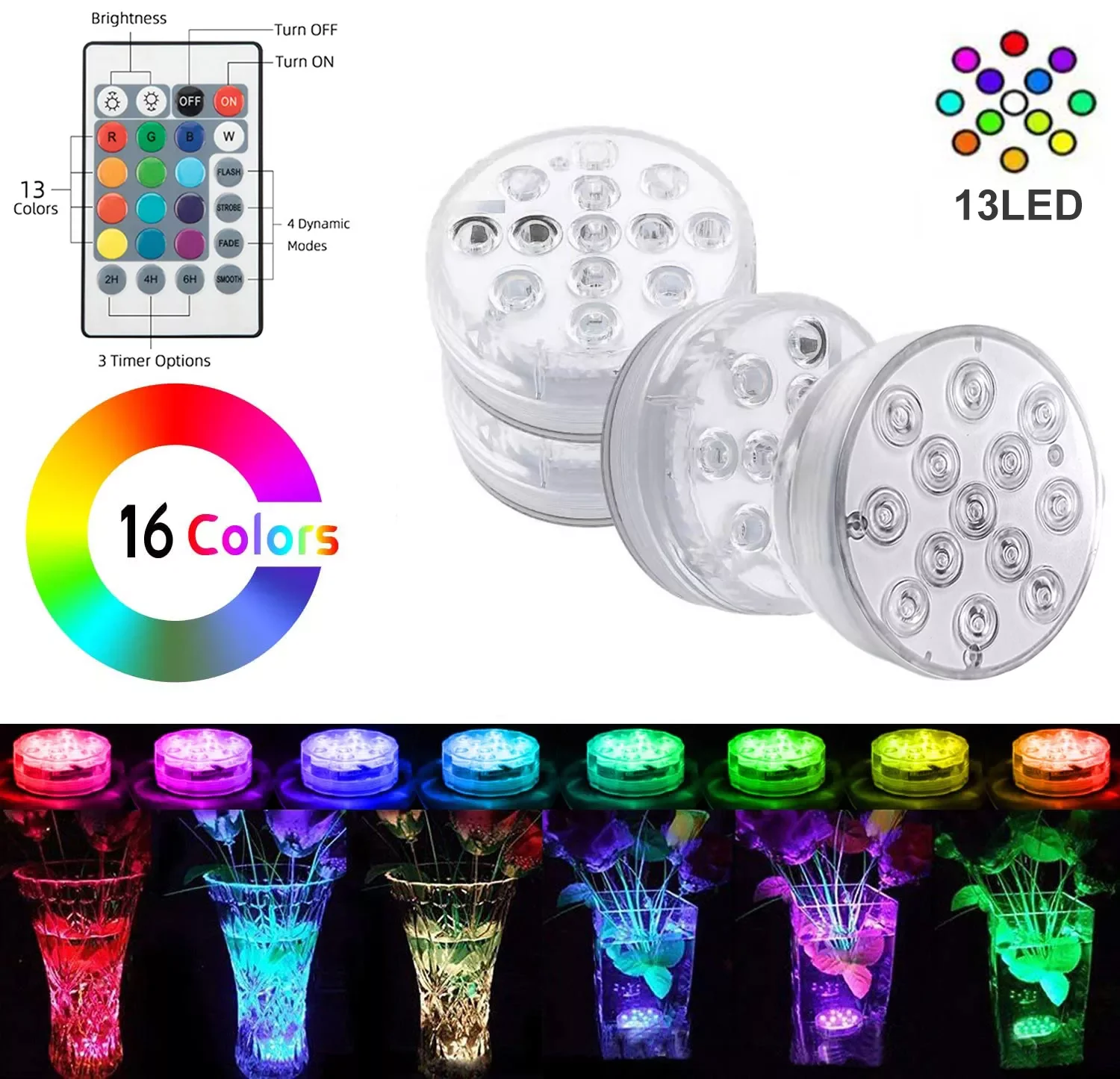 Upgrade 13 Led Remote Controlled RGB Submersible Led Light Battery Operated Underwater Night Lamp Outdoor Vase Bowl Garden