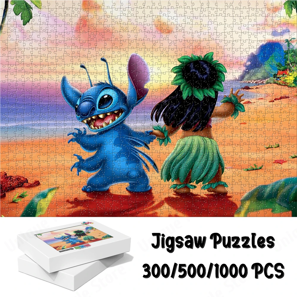

Lilo and Stitch Cartoon Series Puzzle Walt Disney Cartoon Jigsaw Puzzles Beach Scenery Game and Puzzle Educational Toys for Kids