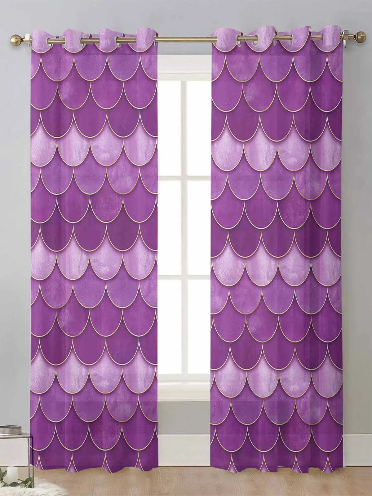

Градиентная текстура в виде рыбьей чешуи, фиолетовые прозрачные шторы для гостиной, окна, вуаль, тюль, занавески, Декор для дома