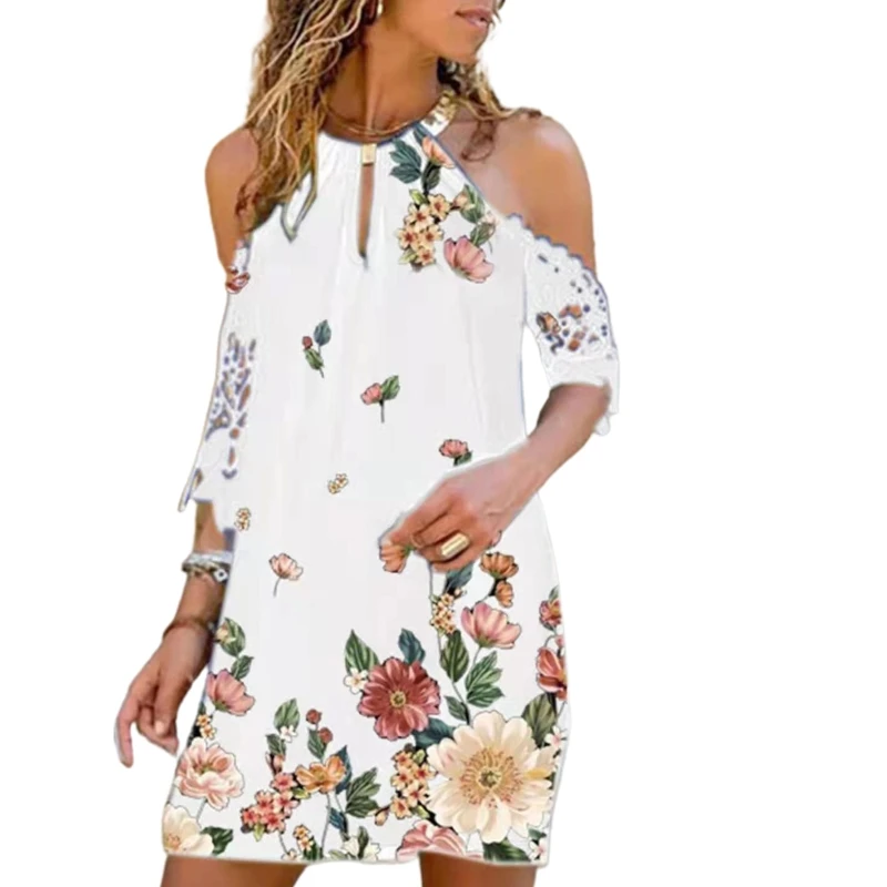 

Женское короткое платье с открытыми плечами, коротким рукавом и цветочным принтом