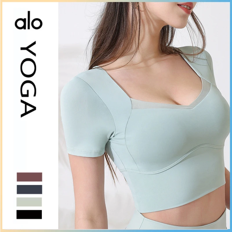 

Alo Yoga с нагрудной подушечкой, блузка с коротким рукавом, топ для подтягивания живота и ягодиц, штаны для йоги, Женская Спортивная футболка, ле...