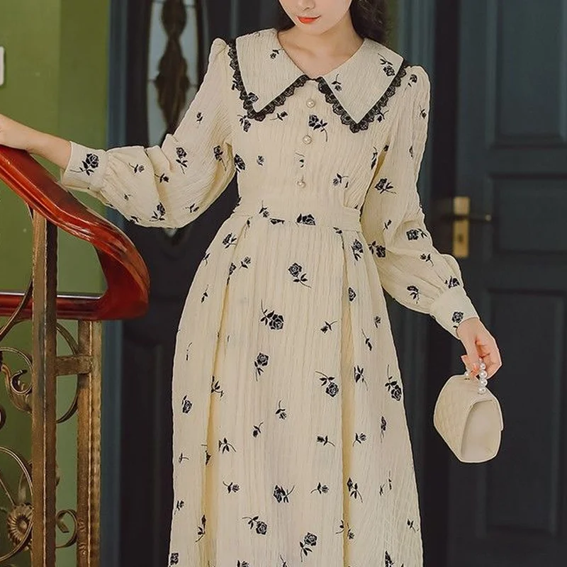 

Women Evening Party Casual Floral Dress Long Sleeve Vintage Dress Korean 2021 Female Peter Pan Collar Cottagecore Dress Dress