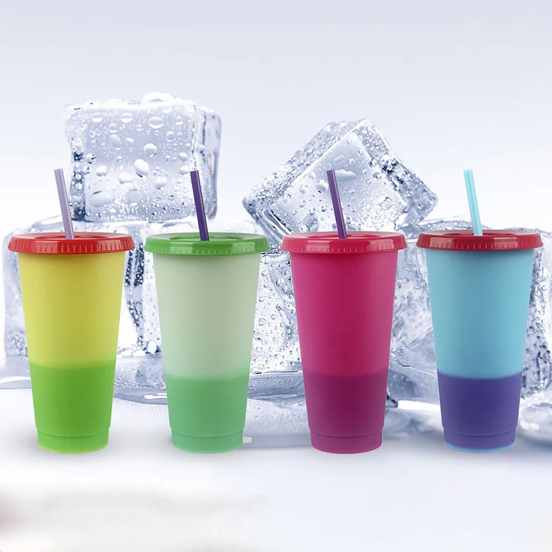 

Color Changing Cups with Lids and Straws Reusable Plastic Bulk Tumblers Iced Cold Coffee Cups Drinkware