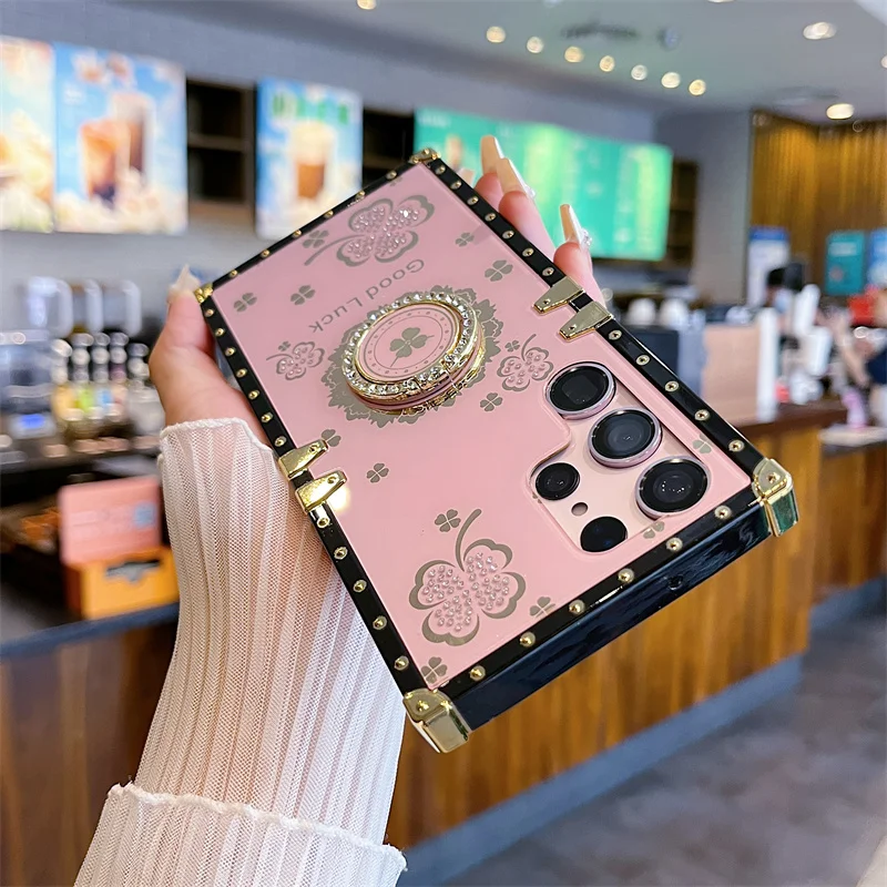 Блестящий квадратный чехол со стразами и четырьмя листьями клевера для Samsung Galaxy A14, A73, A72, A71, A53, A52, A51, A42, A33, A32, чехол-подставка с кольцом