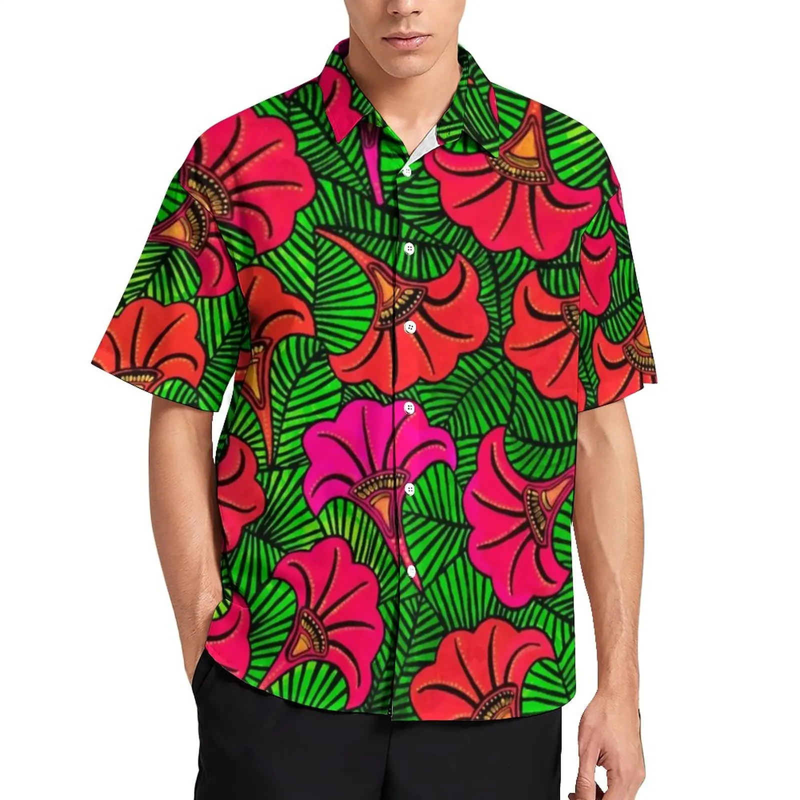 

Red Flower Print Casual Shirt Petunia Capulana Beach Shirt Hawaiian Trendy Blouses Short Sleeve Trendy Oversized Clothing