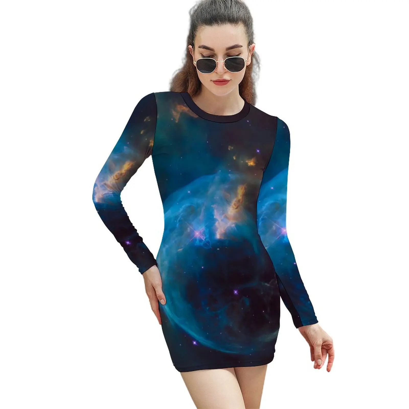

Outer Space Dress Long Sleeve Colorful Galaxy Print Korean Fashion Dresses Spring Kawaii Bodycon Dress Women Oversized Clothes