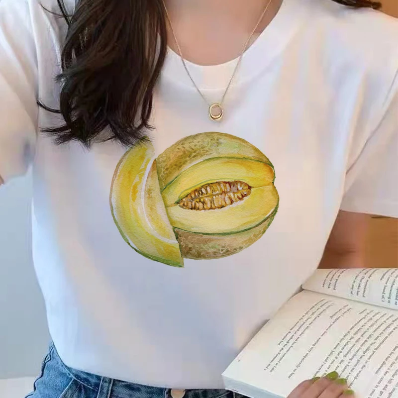 Женская футболка с мультяшным принтом новая круглым вырезом и фруктов Женские