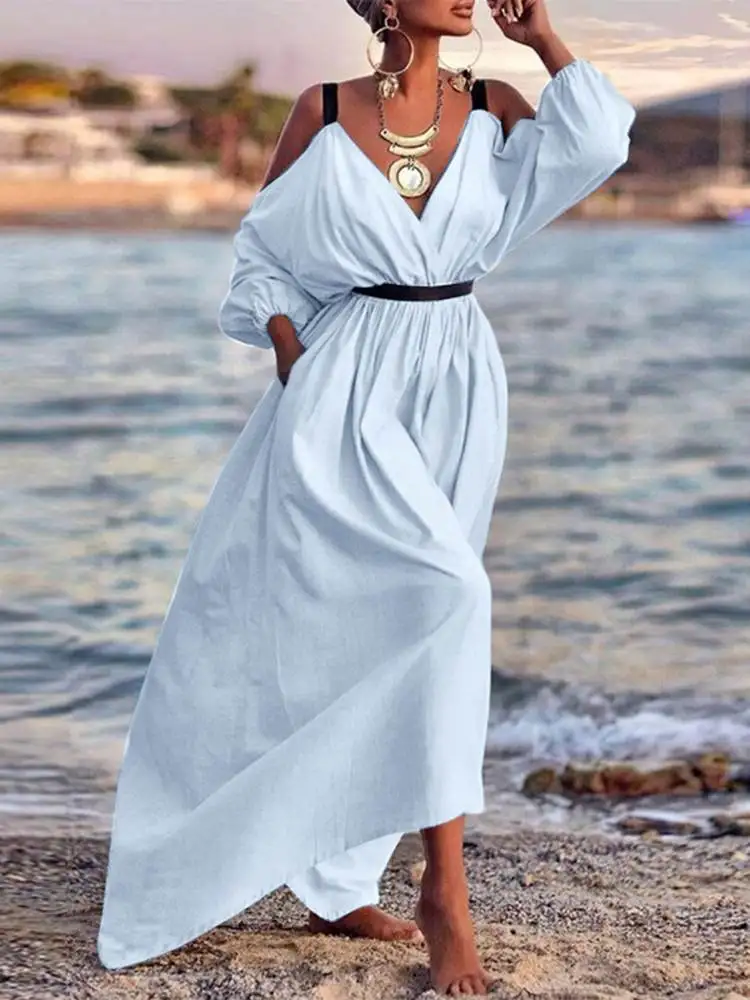 

Women Dress Summer 2022 Sexy V Neck Off Shoulder Maxi Beach Dress Puff Sleeve A Line Baggy Lady Bohemian Sundress Robe Oversized