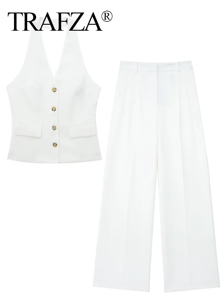 

TRAFZA Female Casual Vintage backless Waistcoat Chic Tops Women Fashion Pocket decoration halter Neck Vest Sleeveless Button-up