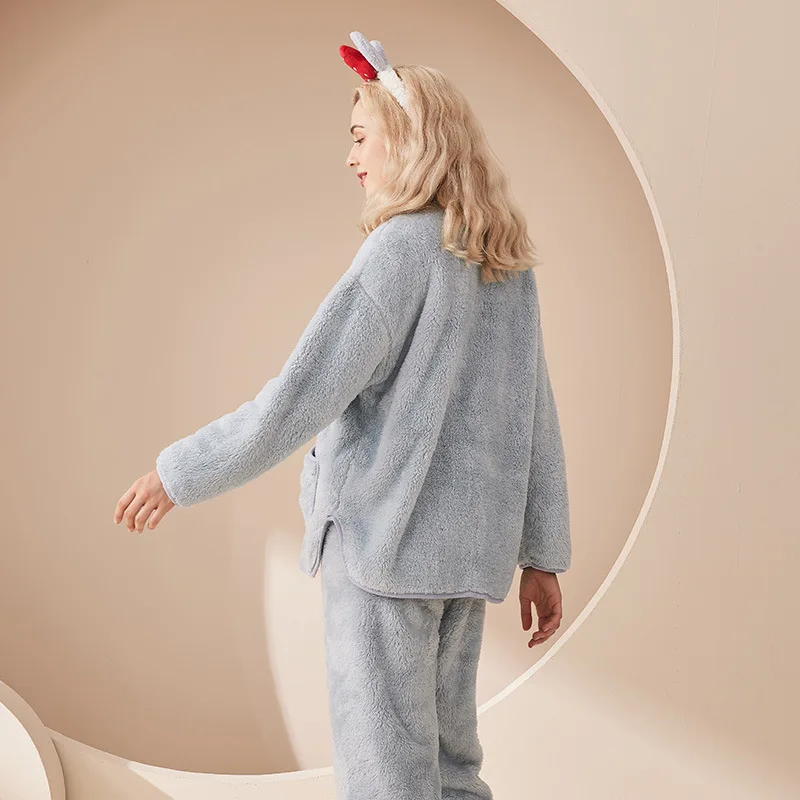 Winter Warm Velvet Lovers Thickened Housewear Sleepwear Suit Simple Casual Warm Cardigan Coral Velvet Pajamas Couple Clothing