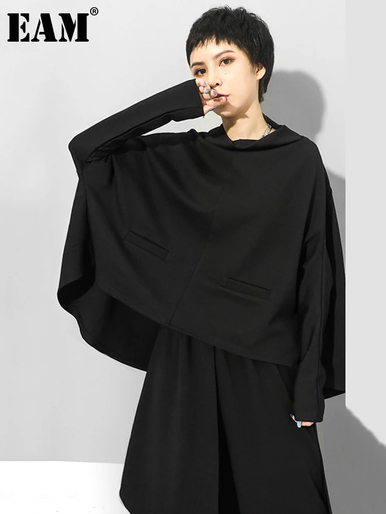 

[EAM] Loose Fit Back Long Irregular Sweatshirt New Turtleneck Long Sleeve Women Big Size Fashion Tide Spring Autumn 2022 1Z296