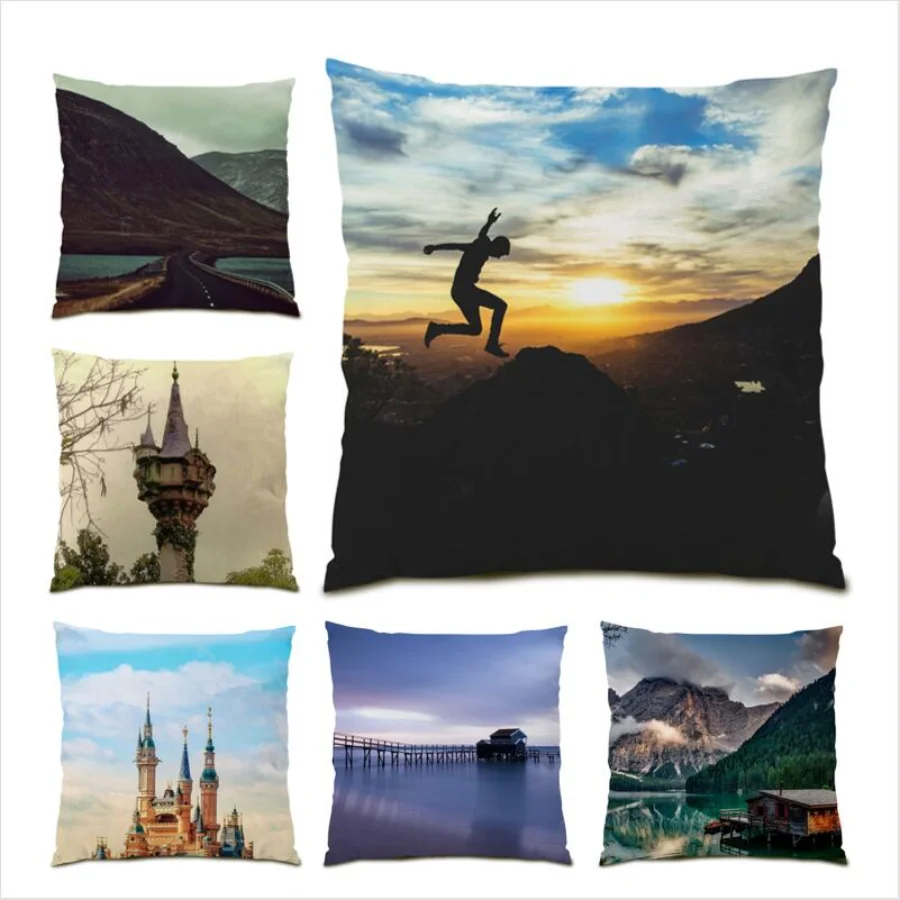 

Castle Landscape Throw Pillow Covers Realistic Living Room Decoration Mountain River Scenic Natural Cushion Cover 45x45 E0795