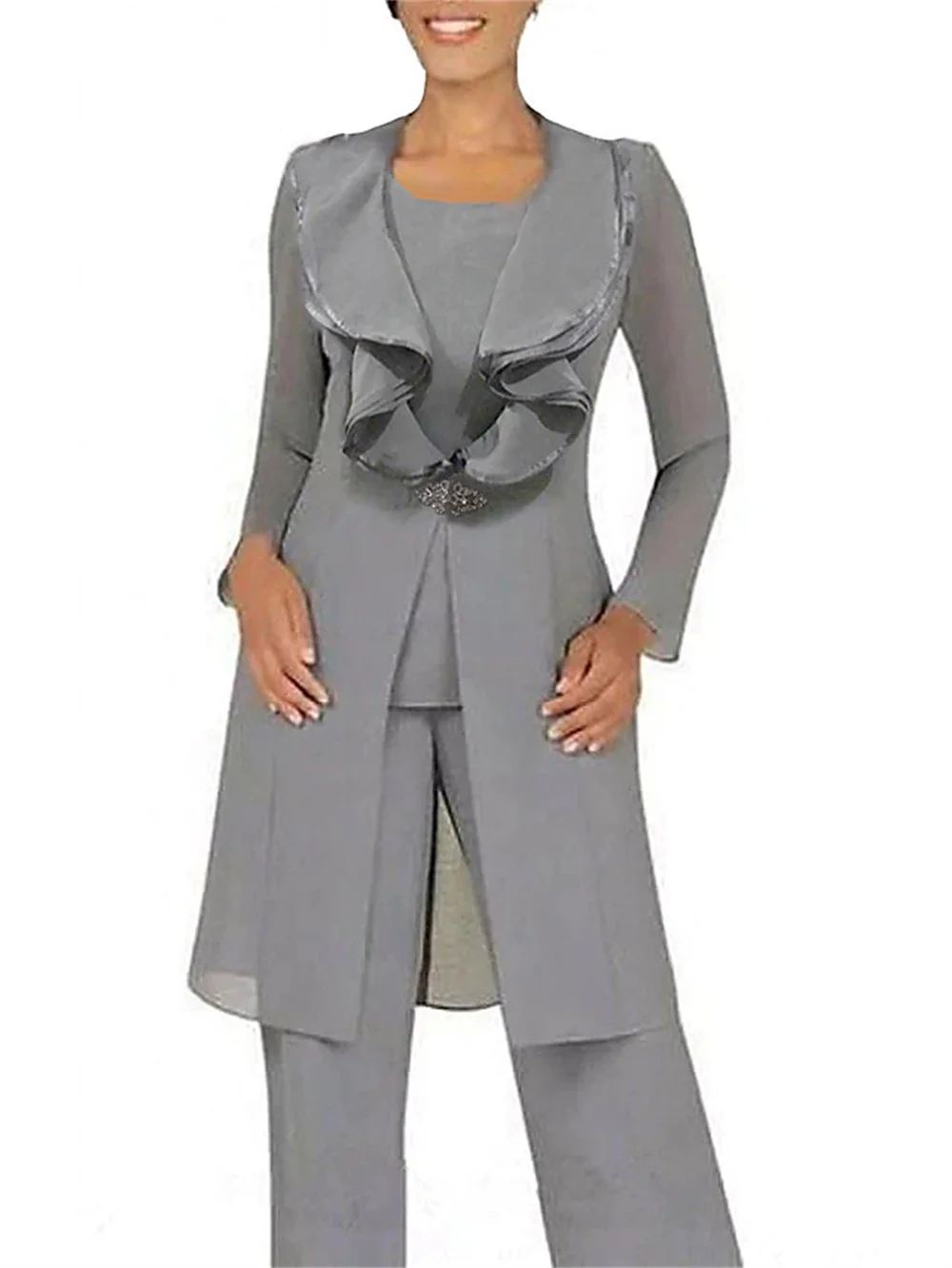 

Pantsuit / Jumpsuit Mother of the Bride Dress Sexy Jewel Neck Floor Length Chiffon Long Sleeve with Buttons 2022