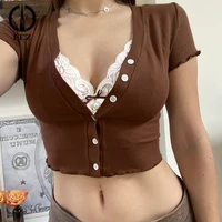 fake two vintage crop tshirts women sexy lace patchwork button up short sleeve tee shirt brown summer lady korean preppy clothes