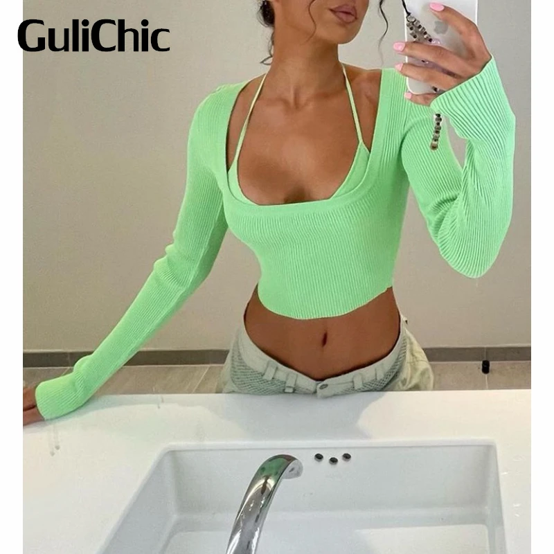 

9.1 GuliChic Women Sexy Fake Two Piece Suspender Short Tee Fashion Slim Long Sleeve Knitted T-Shirt