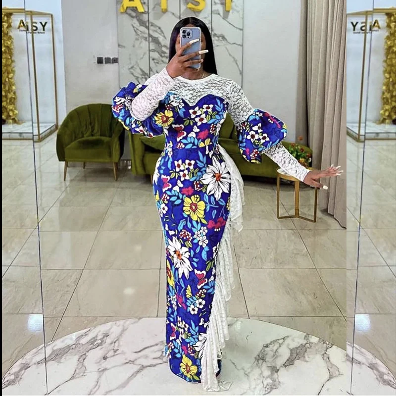 

Chic Elegant Party Dresses Fall New Print Maxi African Dresses For Women Trumpet Sleeve Lace Side Slim Stretch Sexy Abaya S 4XL