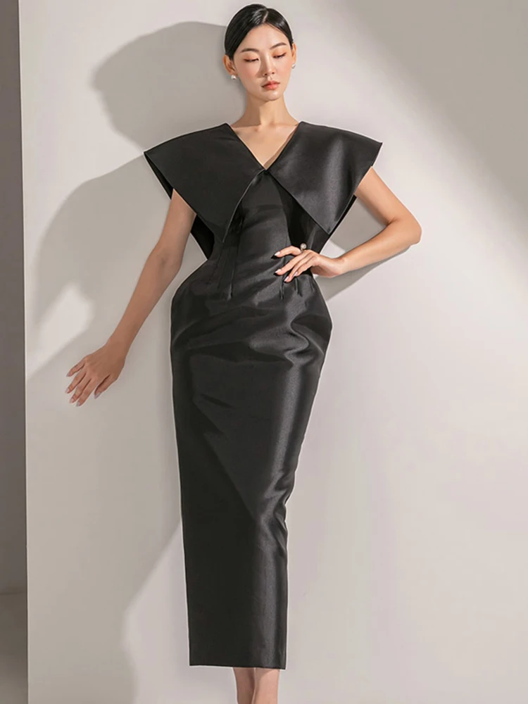 

Korean Fashion Big Turn Down Collar Sleeveless Dress 2023 Summer Elegant High Waist Dresses for Women Simple Pencil Long Dress