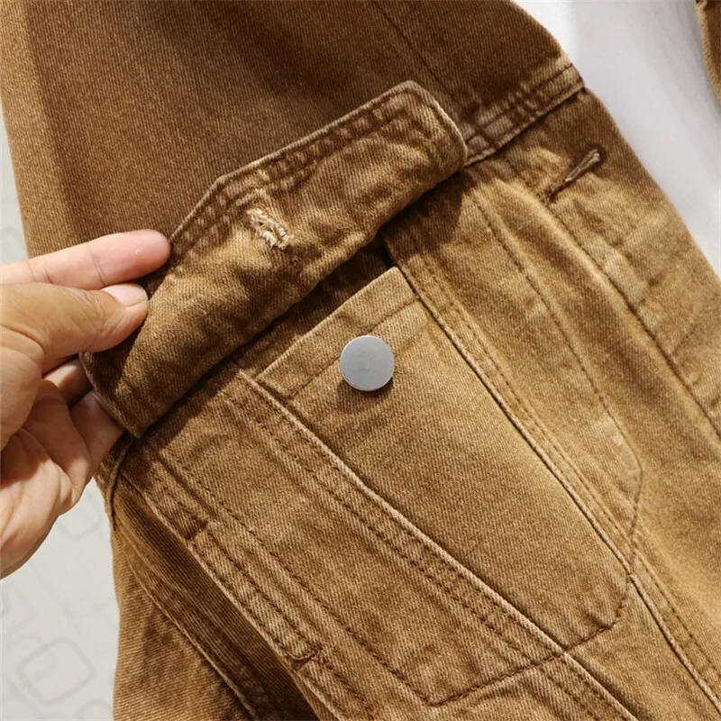 Весенняя винтажная стираная коричневая короткая джинсовая куртка женская