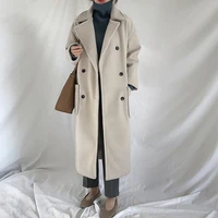 2022 winter new style korean style solid color fashion temperament commuter suit collar double breasted woolen coat women